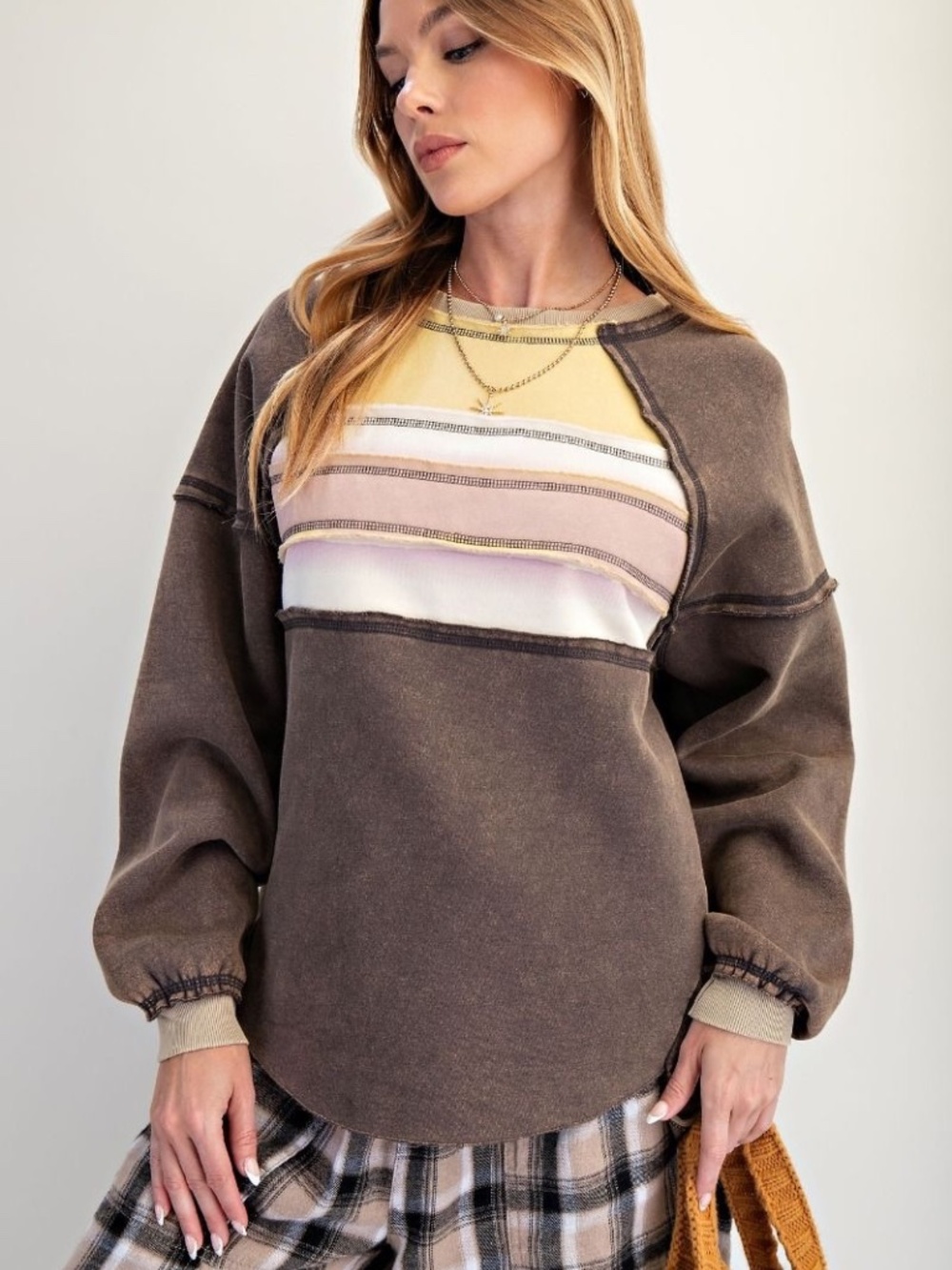 easel Brown Pullover Sweatshirt with Yellow & Cream Stripe Panel